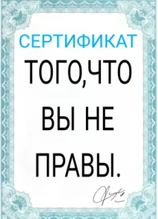 🚫 d20019f7 СЕРТИФИКАТ
ТОГО,ЧТО
ВЫ НЕ
ПРАВЫ. сертификат, смешные, русский, шутка whatsapp sticker