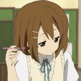 😕 d463bae5 Yui Hirasawa K-On! anime, girl, school uniform, thinking, cute, pen, cartoon whatsapp sticker