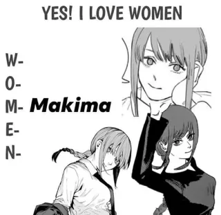 ❤️ 413e9262 Makima Chainsaw Man YES! I LOVE WOMEN
W-O-M-E-N Аниме, Персонаж, Макима, Человек-бензопила telegram sticker