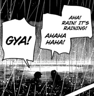 🤍 bb024caf GYA! AHA! RAIN! IT'S RAINING! AHAHA HAHA! pluie, pluvieux, météo, bulle de dialogue, bd, manga whatsapp sticker