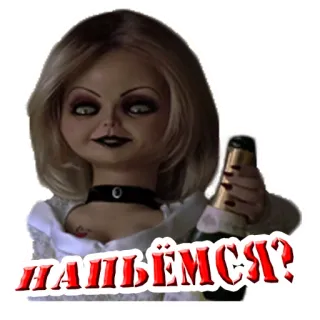 🍺 975127b5 Chucky Child's Play Напьёмся? horor, boneka, pisau, pembunuhan, pembunuh, chucky, chucky - permainan anak, pengantin, alkohol telegram sticker