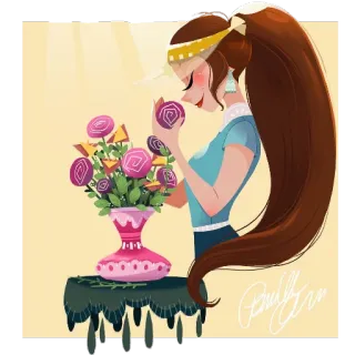 🌹 0c8aa554 mujer, flores, jarrón, ilustración, dibujos animados, arte telegram sticker