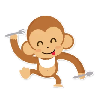 😋 fa92eb8b 猴子, 动物, 卡通, 叉子, 勺子, 可爱, 饥饿, 围兜 telegram sticker