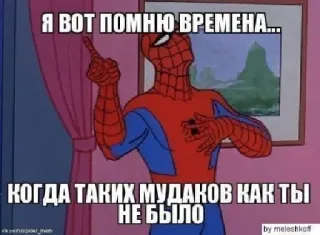 🕰 761ea2e8 Spiderman Я ВОТ ПОМНЮ ВРЕМЕНА... КОГДА ТАКИХ МУДАКОВ КАК ТЫ НЕ БЫЛО spiderman, meme, russian, offensive telegram sticker