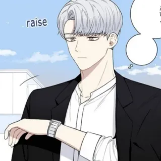 🐚 c0990e58 raise uomo, capelli bianchi, abito, orologio, anime, personaggio telegram sticker