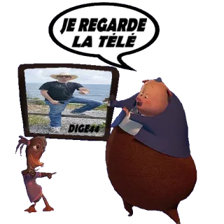 📺 62fd5429 JE REGARDE LA TÉLÉ Cartoon, Schwein, Fernsehen, Französisch, Chicken Little telegram sticker