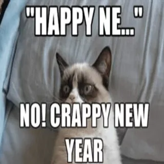😑 6b4772cf "HAPPY NE..." NO! CRAPPY NEW YEAR mürrische Katze, Neujahr, Meme, lustig whatsapp sticker