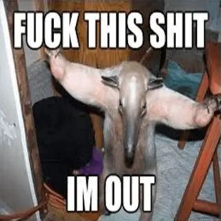 🖐 97fbc5eb FUCK THIS SHIT
IM OUT Meme, Tier, Ameisenbär, Gehen, Lustig, Beleidigend, Humor whatsapp sticker
