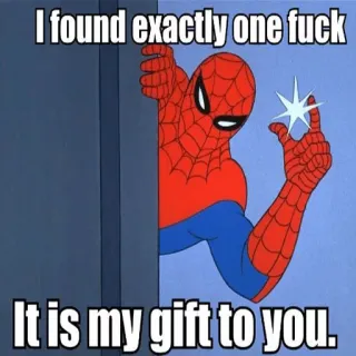 🤔 a8d5b193 Spider-Man I found exactly one fuck
It is my gift to you. Spider-Man, Stinkefinger, beleidigend, Comic, Superheld whatsapp sticker