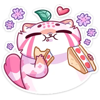 🍰 8711a20f 스티커, 고양이, 귀여운, 카와이, 먹는, 샌드위치, 분홍색, 동물 telegram sticker