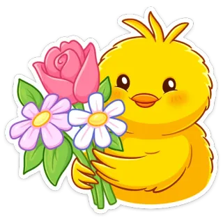 🌹 65703cf7 cute, chick, flowers, spring, cartoon, animal, yellow whatsapp sticker