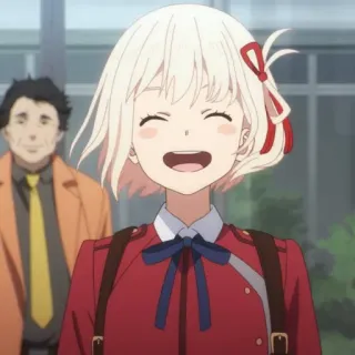 📕 793bb7d2 Chisato Nishikigi Lycoris Recoil Anime, Meisje, Glimlach, Schattig, Rood uniform telegram sticker