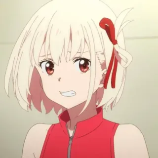 📕 a2f233c8 Chisato Nishikigi Lycoris Recoil anime, blond haar, rode ogen, schattig, meisje, glimlach telegram sticker
