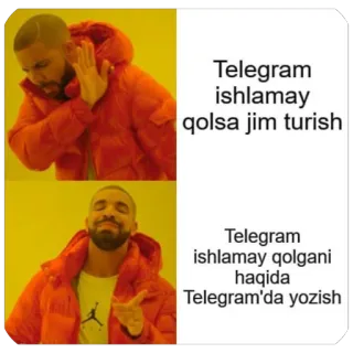 🫥 3b45f745 Drake Telegram ishmay qolsa jim turish
Telegram ishmay qolgani haqida Telegram'da yozish Meme, Telegram, Soziale Medien, Drake, Usbekistan telegram sticker