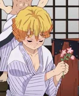 ❤ 4e38253e Zenitsu Agatsuma Demon Slayer อนิเมะ, เซ็นนิตสึ, ดาบพิฆาตอสูร, ดอกไม้, เขิน telegram sticker