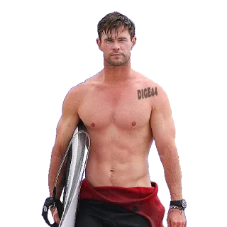 🏄‍♀️ 0796d4ca DIGE44 Mann, oberkörperfrei, Surfen, Surfbrett, Mann, Schauspieler, Chris Hemsworth telegram sticker