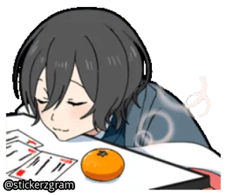 😴 6d9d3e9f @stickerzgram 애니메이션, 자는, 학생, 책상, 주황색, 만화 whatsapp sticker