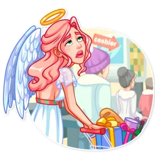 😩 4102d7d8 cashier ángel, compras, dibujos animados, comestibles, halo, alas telegram sticker