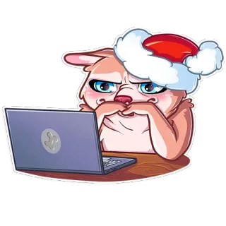 😑 a9d0a366 토끼, 바니, 컴퓨터, 산타 모자, 귀여운, 크리스마스, 동물 telegram sticker