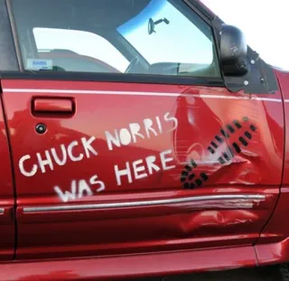 🚗 e3f22667 Chuck Norris CHUCK NORRIS WAS HERE チャック・ノリス, 損傷車, ユーモア, アクションスター, 格闘技 telegram sticker