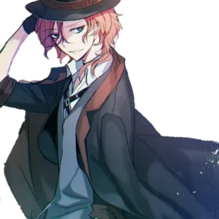😏 f2f0c042 Chuya Nakahara Bungo Stray Dogs Anime, Bungo Stray Dogs, Chuya Nakahara, Charakter, Hut, Mantel telegram sticker