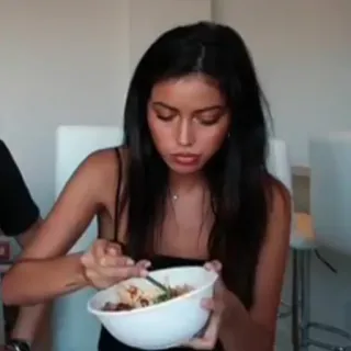 🍥 603654e3 ผู้หญิง, กิน, อาหาร, ชาม, ในร่ม telegram sticker