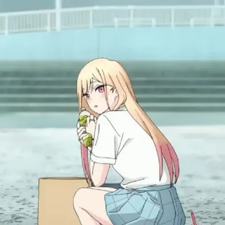 😧 1ac12a9c Marin Kitagawa My Dress-Up Darling anime, girl, blonde hair, skirt, cartoon, teen, sitting telegram sticker