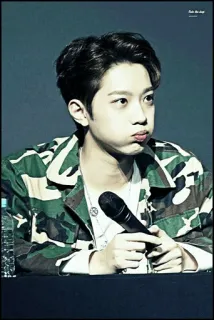 🥂 132d79c6 persona, micrófono, retrato, chaqueta camuflaje, cantante, kpop whatsapp sticker