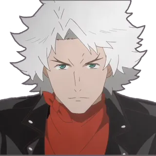 😐 a61f3a3a anime character, white hair, leather jacket, red scarf, green eyes telegram sticker