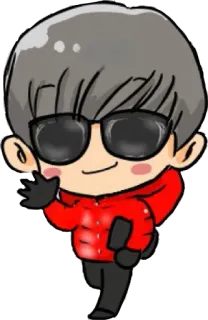 👋 d186974f Cartone animato, Personaggio, Occhiali da sole, Giacca rossa, Guanti telegram sticker