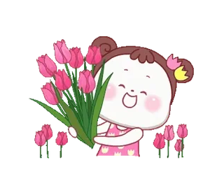 🌷 83dd1260 Cartoon, Meisje, Bloemen, Tulpen, Leuk, Vrolijk telegram sticker