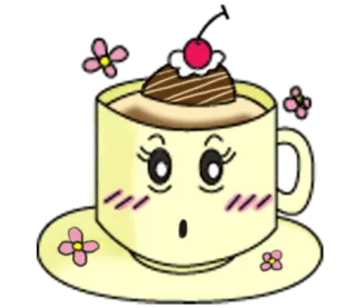 😮 07dbe344 cangkir, kopi, makanan penutup, imut, ceri, bunga, kawaii whatsapp sticker