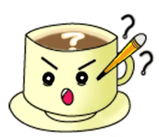 ❓ ae6e0822 kopi, cangkir, pertanyaan, tanda tanya, bingung, berpikir, pensil, kartun whatsapp sticker