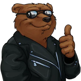 👍 44c0392f niedźwiedź, okulary przeciwsłoneczne, skórzana kurtka, kciuk w górę, zwierzę, kreskówka, postać whatsapp sticker