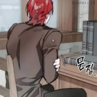 🍷 04e34477 문질 manhwa, red hair, desk, books whatsapp sticker