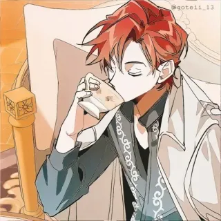 🍷 fc3c72a3 @goteii_13 anime, art, character, drinking, tea, red hair, illustration whatsapp sticker