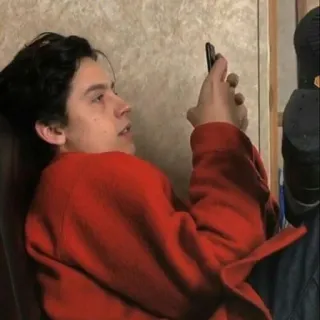 🗝 87f27d85 persona, ritratto, uomo, telefono, felpa rossa telegram sticker