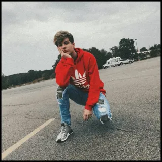 🎼 02ecc2e3 teen, ragazzo, Adidas, felpa rossa con cappuccio, jeans strappati, parcheggio, ritratto telegram sticker