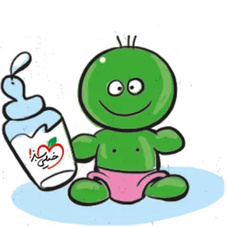 😄 a2110e80 خلیلی بیز 漫画, 赤ちゃん, 哺乳瓶, 食べ物, りんご, 緑, キャラクター telegram sticker