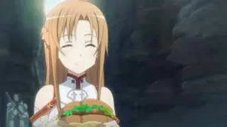 🍔 b0589add Asuna Yuuki Sword Art Online อนิเมะ, sword art online, อาสึนะ ยูกิ, แซนวิช, อาหาร, ยิ้ม whatsapp sticker
