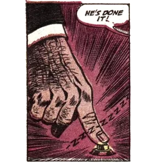 ✔ d4fa418a HE'S DONE IT! main, bouton, bande dessinée, vintage, action, pression telegram sticker