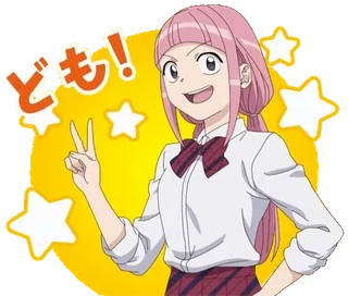 ✌ d05157f5 ども！ Аниме, Девушка, Приветствие, Знак мира, Розовые волосы, Звезды whatsapp sticker