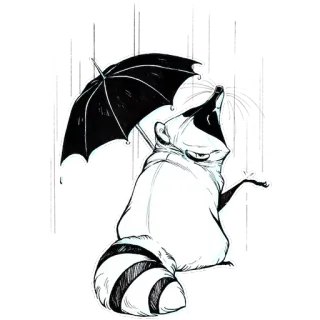 ☔ bdedbcb5 енот, зонт, мультфильм, рисунок, животное, черно-белый telegram sticker