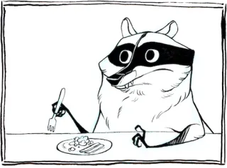 🍴 c6a2386f енот, ест, животное, мультфильм, вилка, тарелка telegram sticker