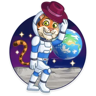 🕺 a3ef0c4a เสือ, นักบินอวกาศ, อวกาศ, ดวงจันทร์, ดาวเคราะห์, หมวก, การ์ตูน, สัตว์ telegram sticker