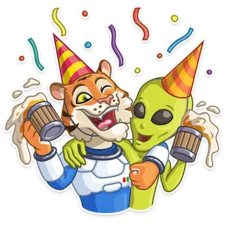 😜 fd0960cd เสือ, มนุษย์ต่างดาว, ปาร์ตี้, เบียร์, งานฉลอง, ชุดอวกาศ, การ์ตูน telegram sticker