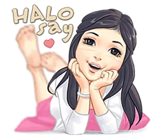 😊 7a3eb3a3 HALO say donna, cartone animato, ragazza, saluto, illustrazione, aureola whatsapp sticker