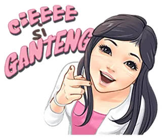 👌 ab8b4137 CIEEEEE SI GANTENG donna, cartone animato, indicare, felice, celebrativo whatsapp sticker