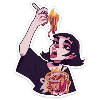 🍝 83ad1e23 ragazza, mangiare, spaghetti, cibo, anime, cartoni animati, fuoco telegram sticker