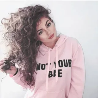 💄 c916f338 NOT YOUR BAE mujer, pelo rizado, sudadera rosa, bae, jerga telegram sticker